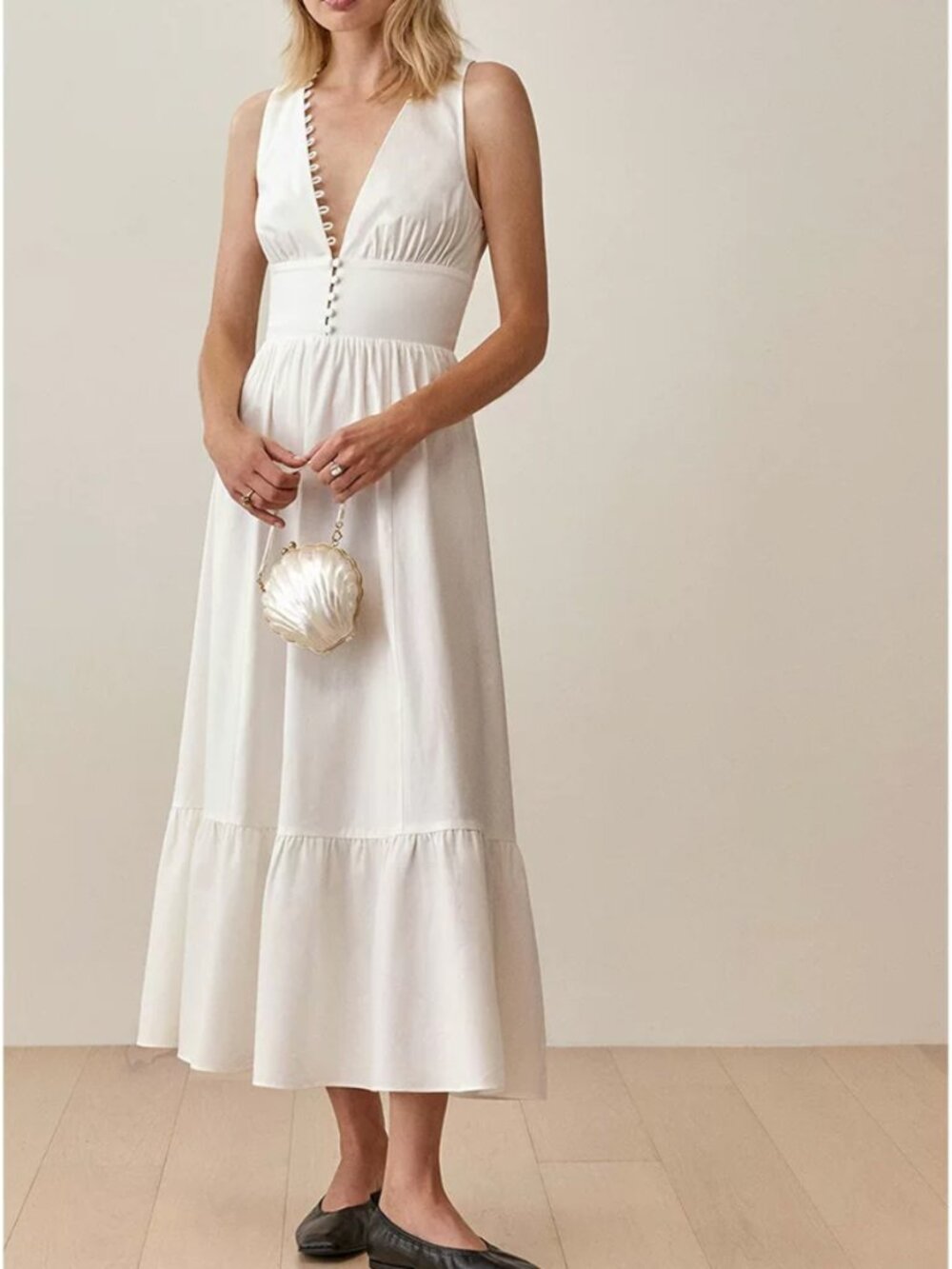 Reformation Jovi Midi Dress 2P/4P White Ivory French Cotton Party V Neck